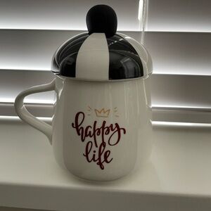 Happy Life Ceramic Mug with Lid - Black and White